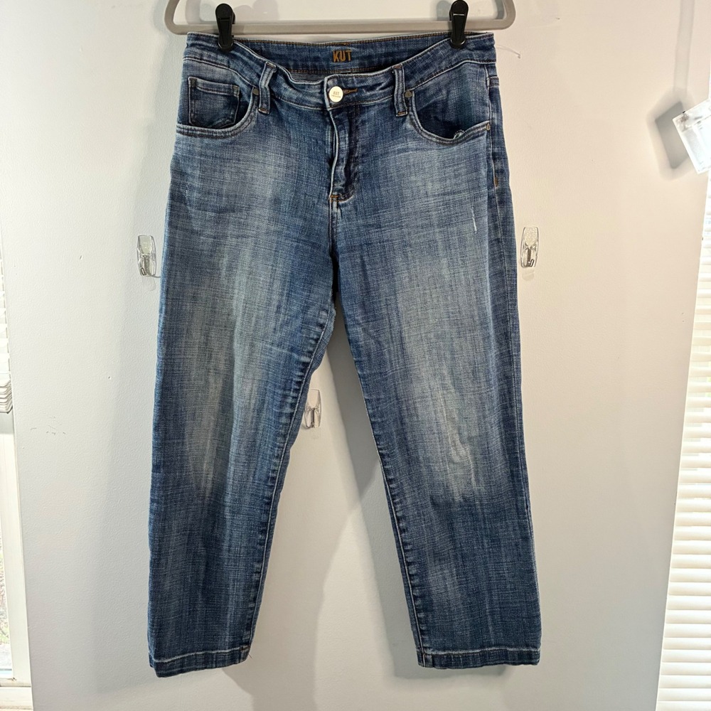 KUT from the Kloth Crop Straight Leg Jeans Distressed Denim Blue Womens Size